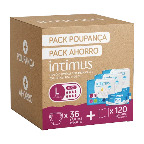 Pack Poupança Fraldas Intimus Premium Care Maxi L + Toalhitas Intimus XL